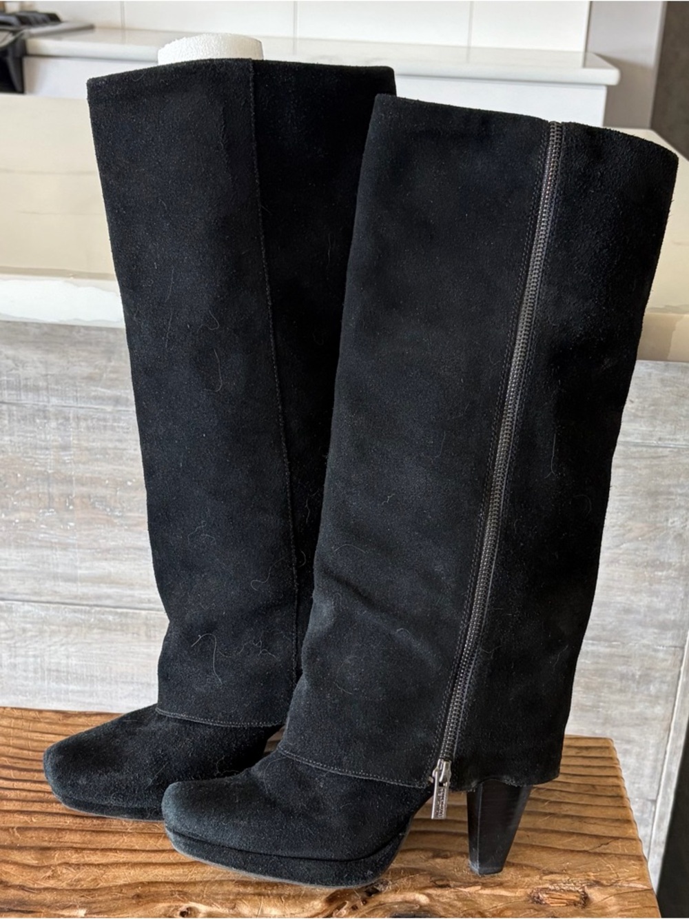 Kenneth Cole Black Suede Knee-High Heeled Boots